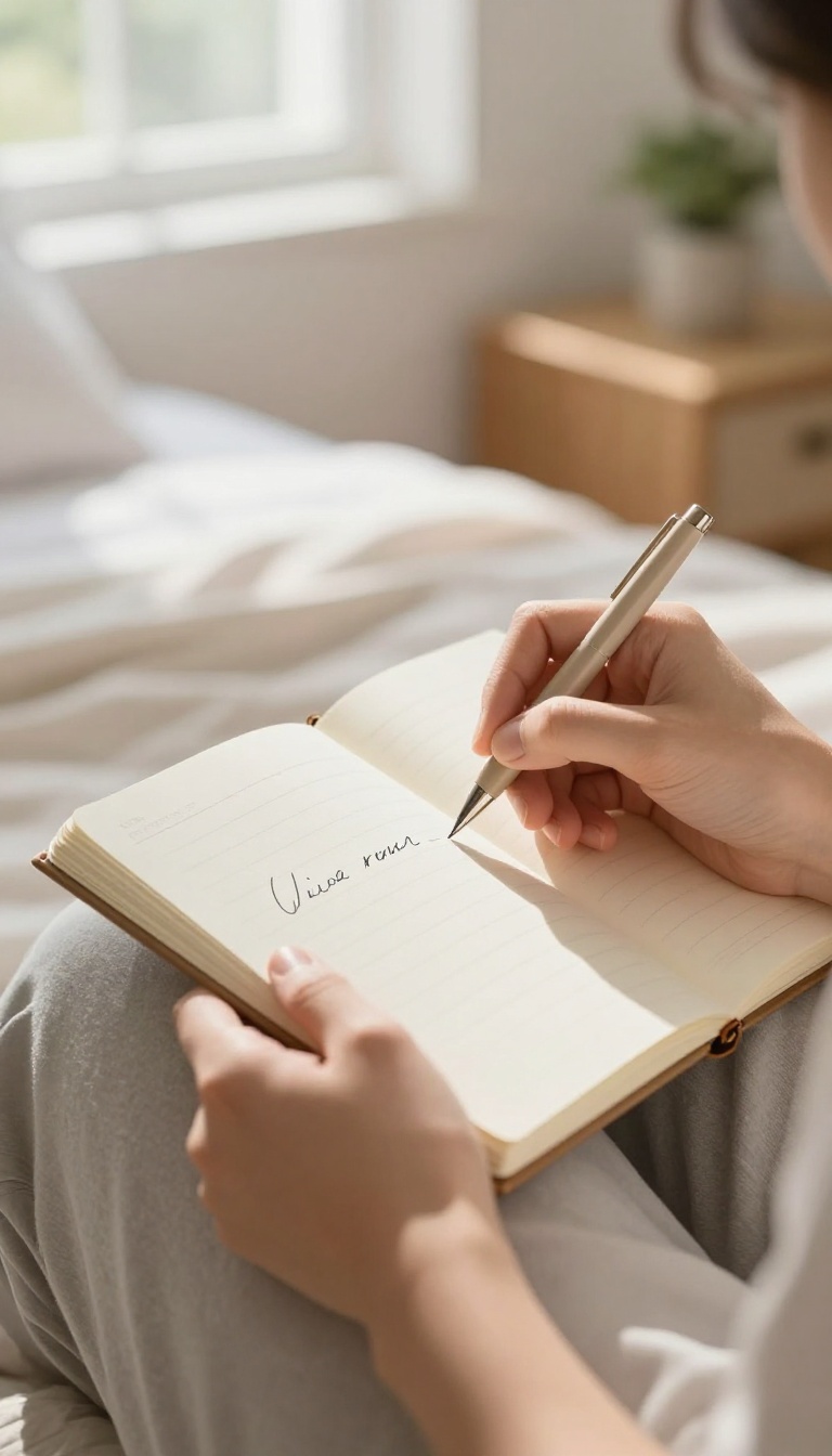 Person writing in a journal on a bed in a bright, cozy bedroom, practicing daily gratitude.