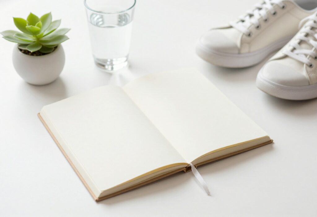 Flat lay of journal, water, plant, and sneakers symbolizing a glow up challenge