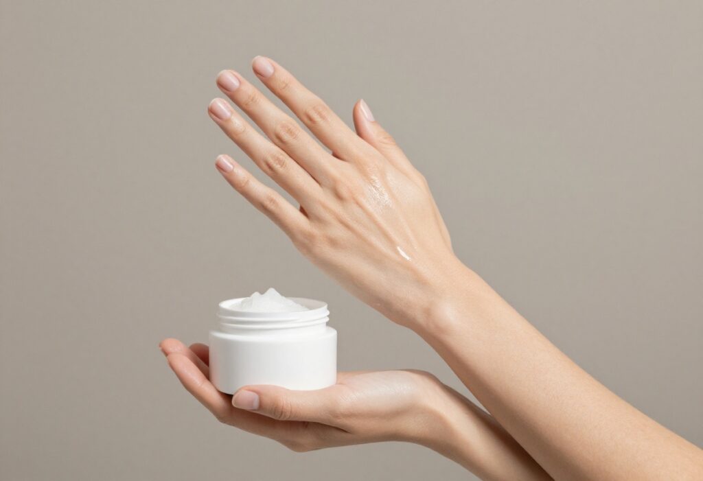Person applying brightening body lotion to achieve a glowing complexion