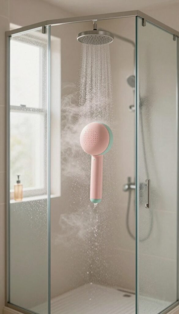 A soothing shower steamer on the floor of a clean, bright shower, releasing gentle steam.