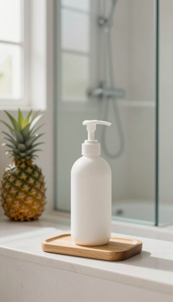 White pump bottle of body wash stored on a wooden caddy in a bright, modern bathroom