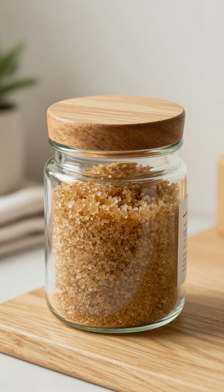 Glass jar of exfoliating sugar scrub on a wooden shelf in a bright bathroom