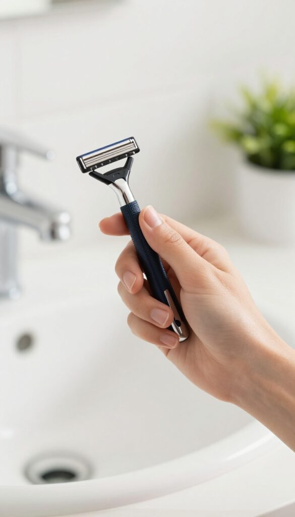 Fresh razor blade on bathroom counter with smooth skin