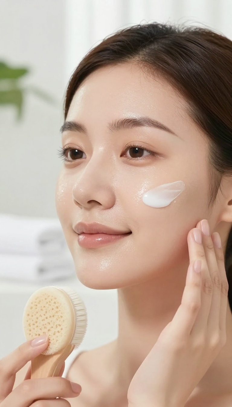 Woman with dewy skin gently exfoliating her face with a soft brush in a bright bathroom