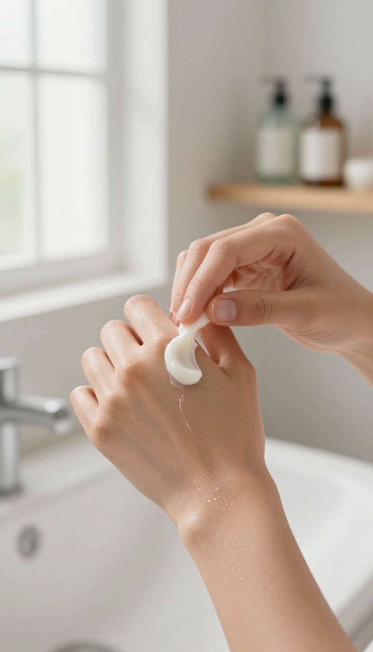 Person applying body cleansing balm to forearm in bright bathroom