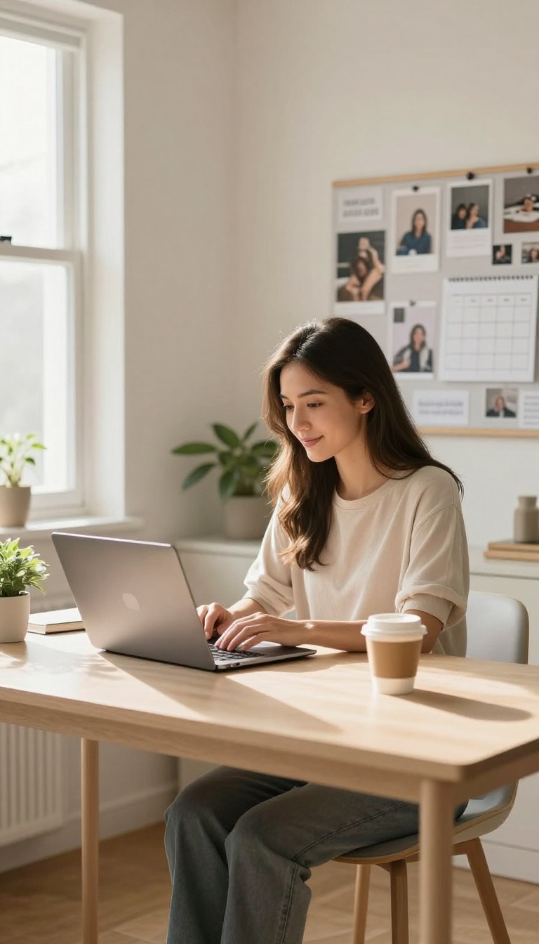 A woman writing goals in a journal at a bright desk with a vision board, symbolizing setting new personal and professional goals after a breakup.