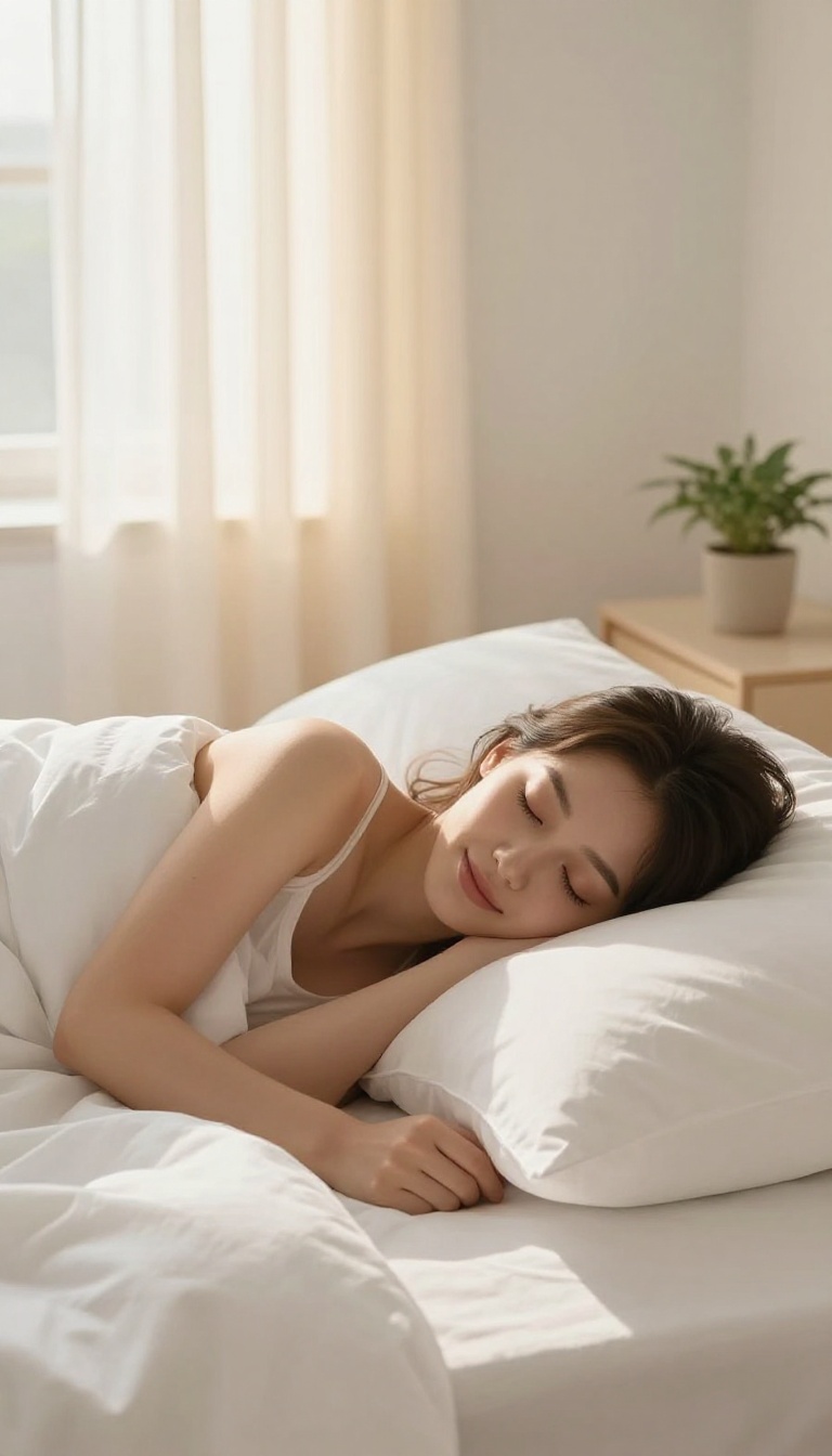 Woman sleeping peacefully with glowing skin in a bright, serene bedroom