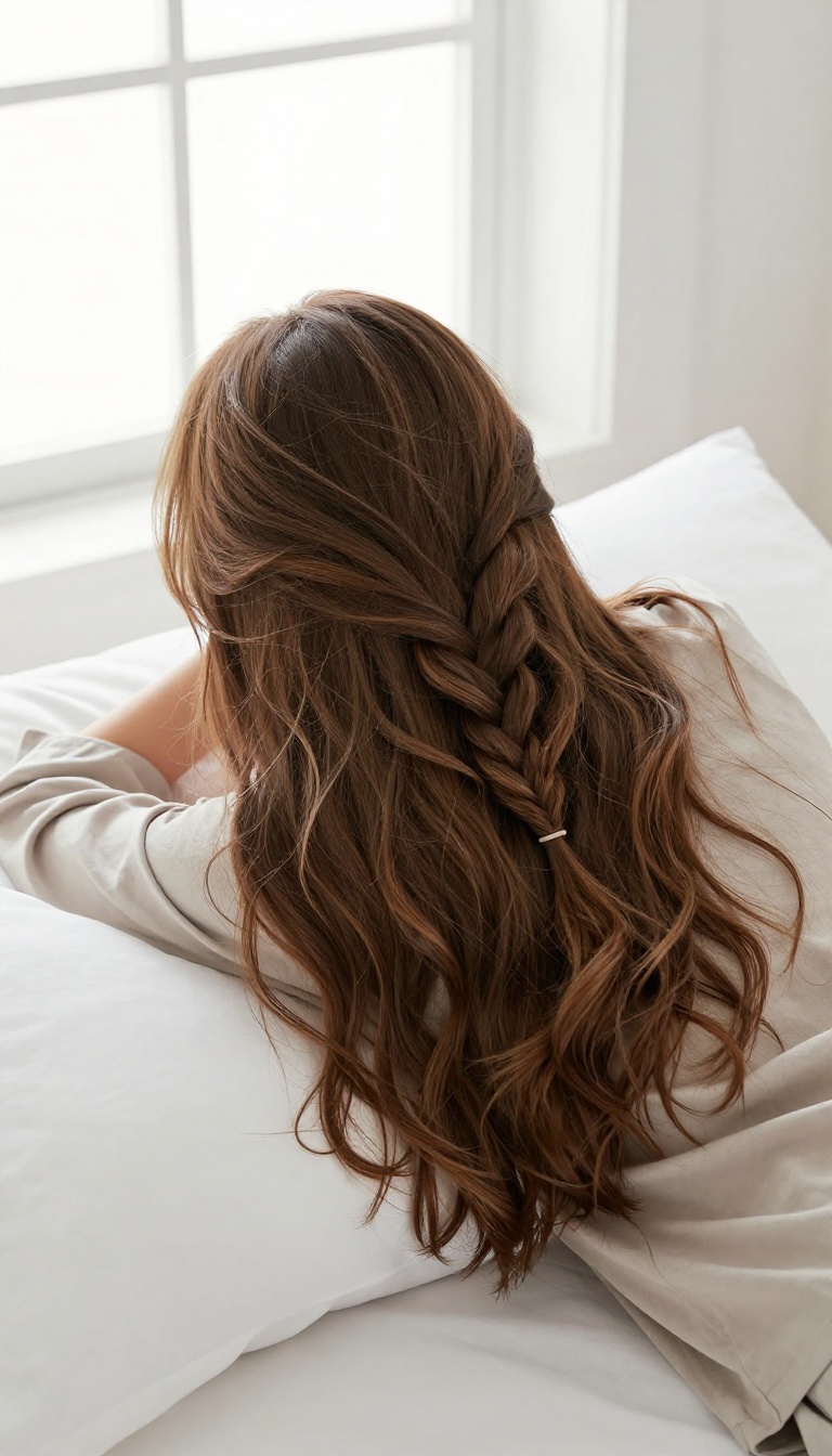 Woman with loose braid sleeping on a pillow, showcasing soft, healthy hair