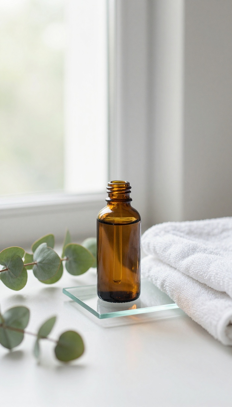 Amber glass bottle of body oil on a bathroom shelf with eucalyptus leaves and a white towel, bathed in natural light.