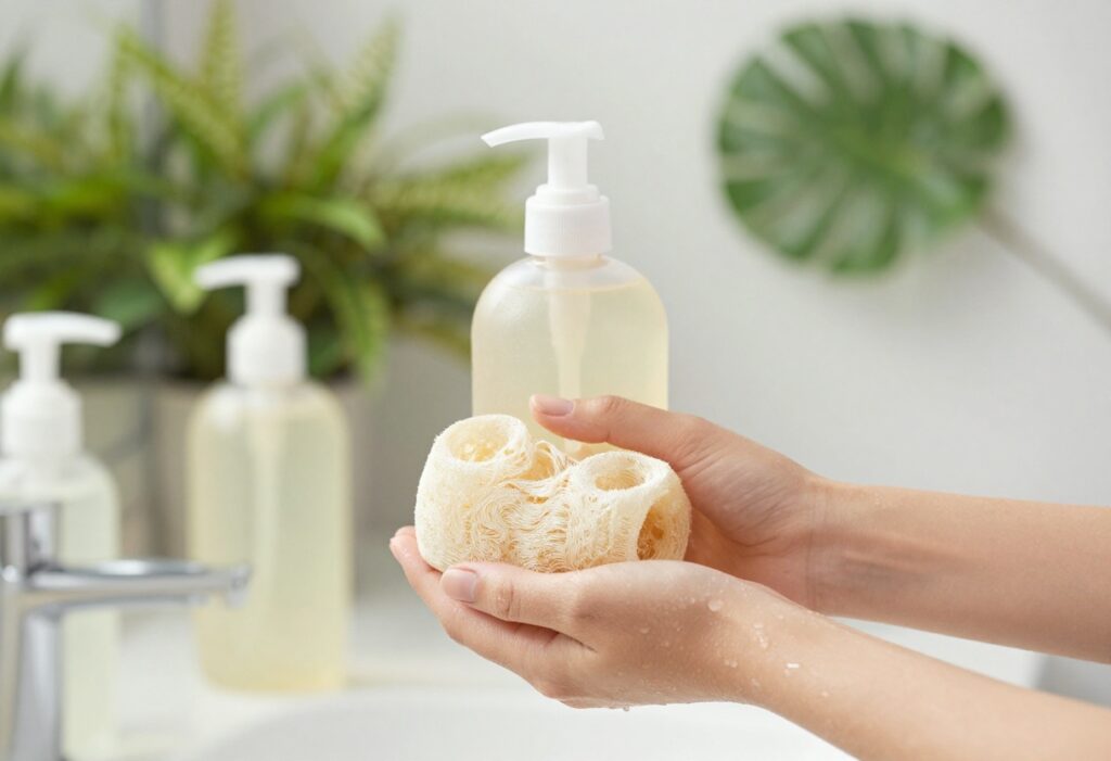 Person holding a loofah and body wash in a bright bathroom, symbolizing fresh body care routine