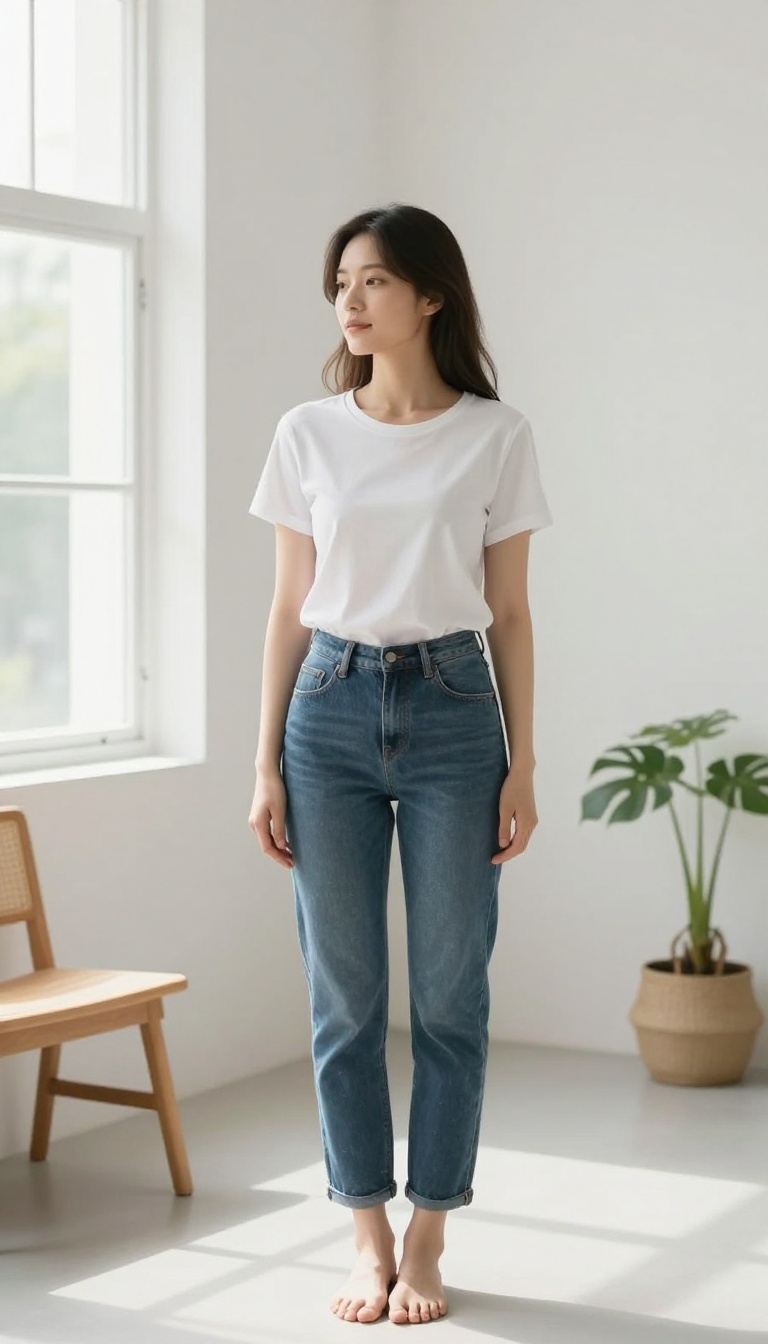 Woman standing with good posture in a bright room, natural light, minimalist decor