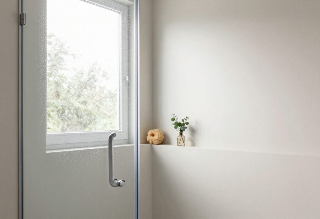 A bright, modern shower with a loofah and eucalyptus plant, evoking a fresh and calming daily reset.