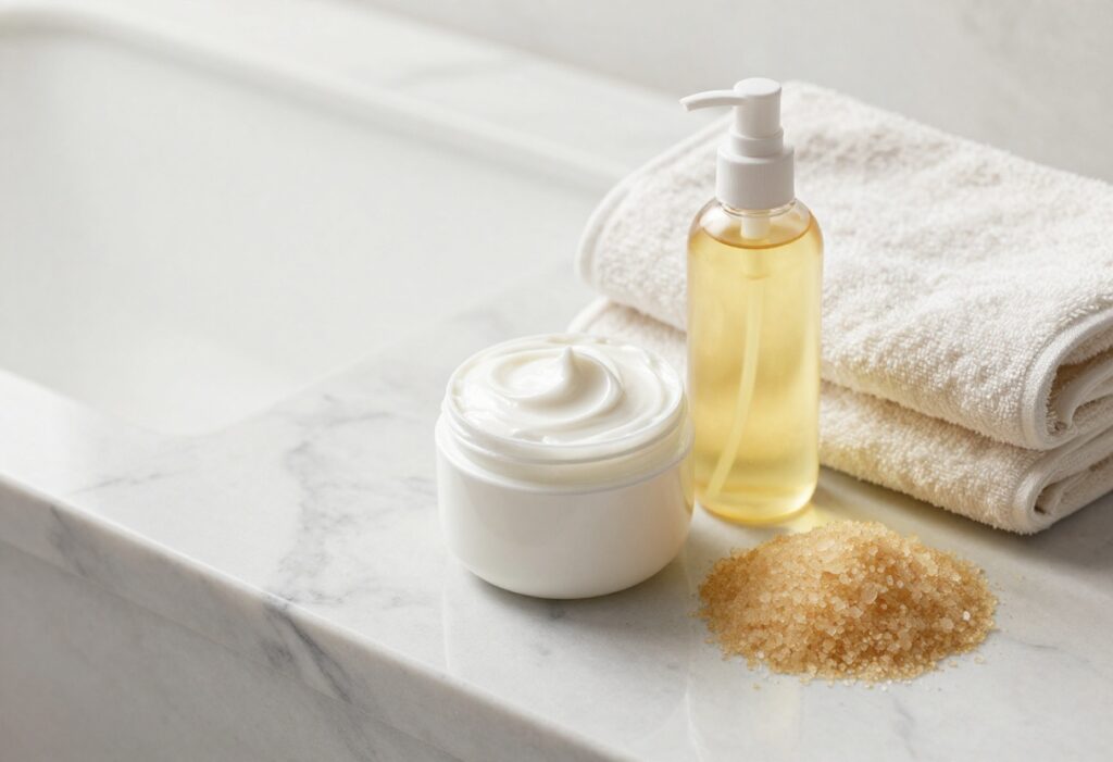 Luxurious body care products arranged on a marble surface with a towel