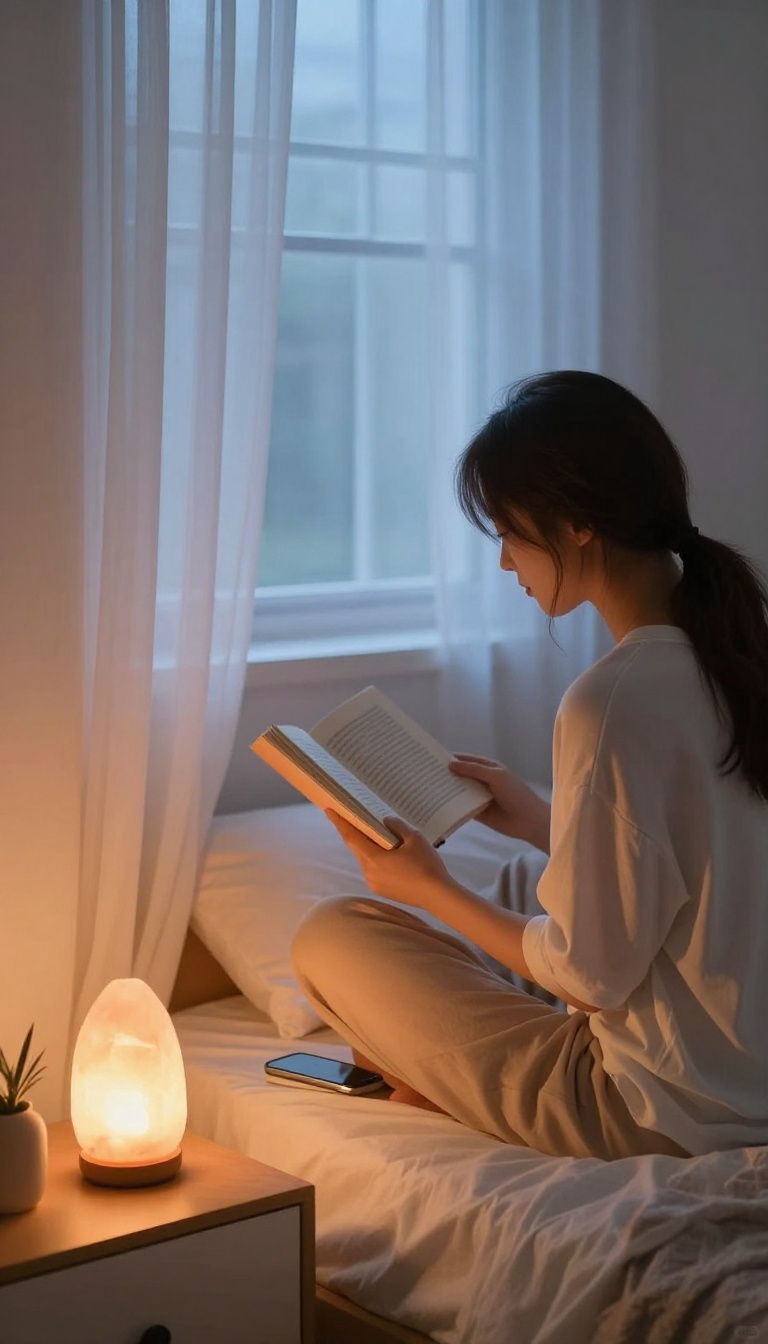 Person reading a book by warm lamp light in a dim bedroom, phone charging away from bed