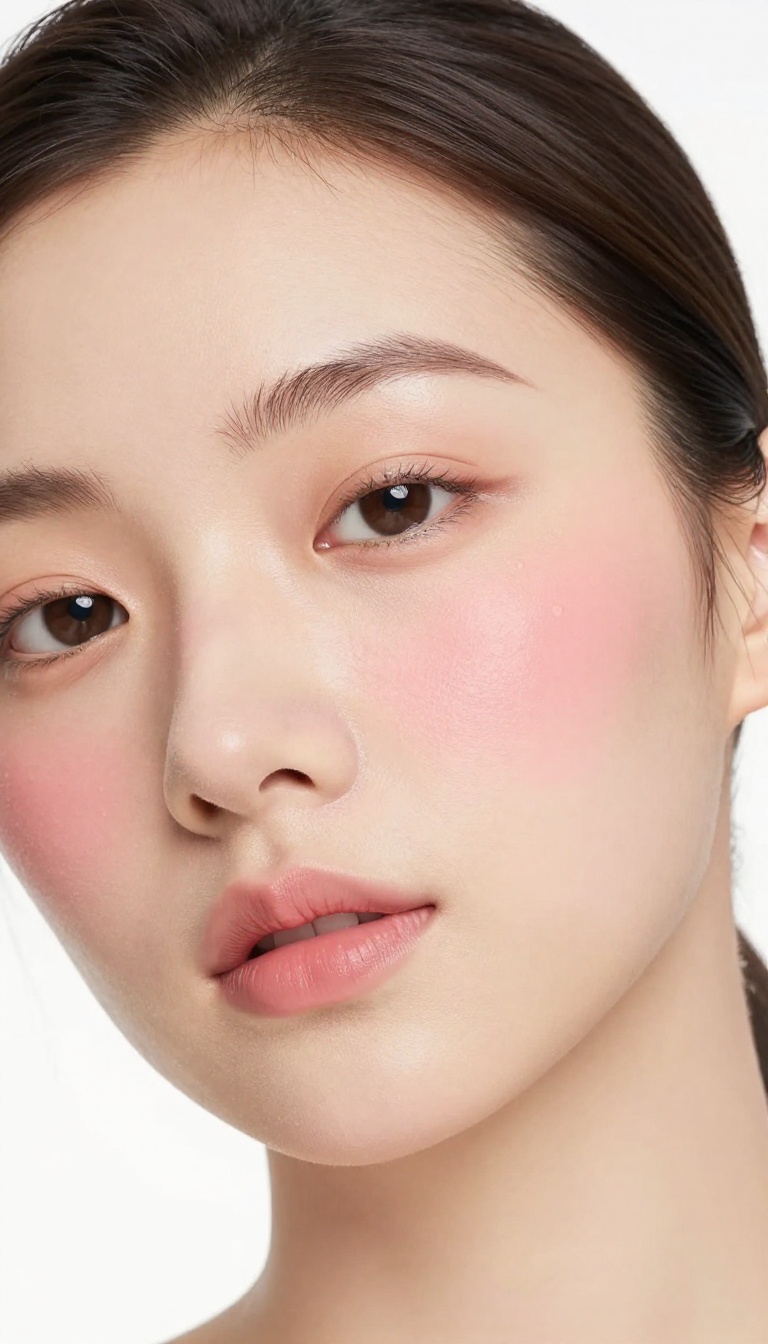 Woman with cream blush on high points of cheeks, glowing skin, soft-focus makeup look