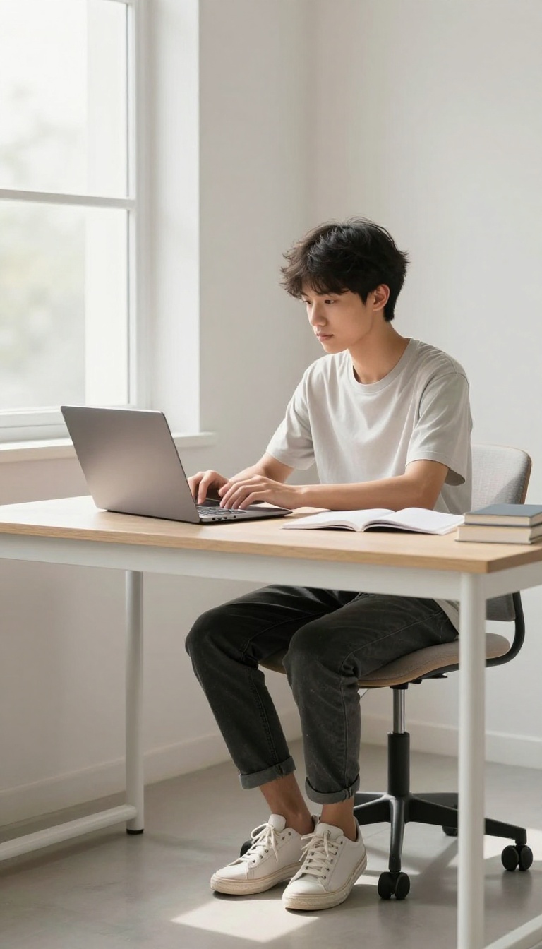 Student sitting with good posture at a well-organized desk in bright natural light, using a laptop on a stand with a cushion for back support.