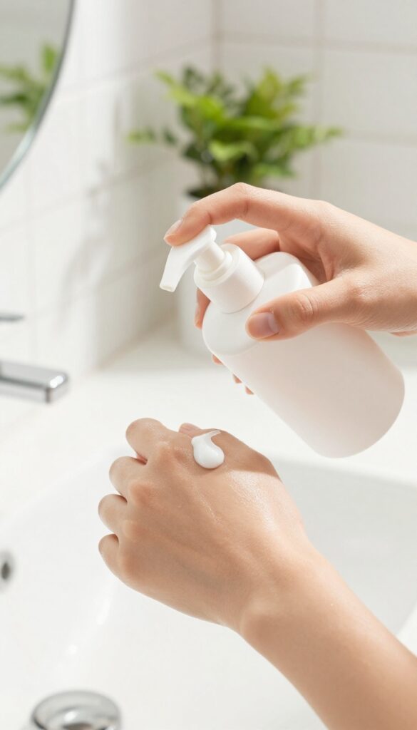 Woman applying ceramide lotion to her arm in a bright bathroom, showcasing smooth, hydrated skin.