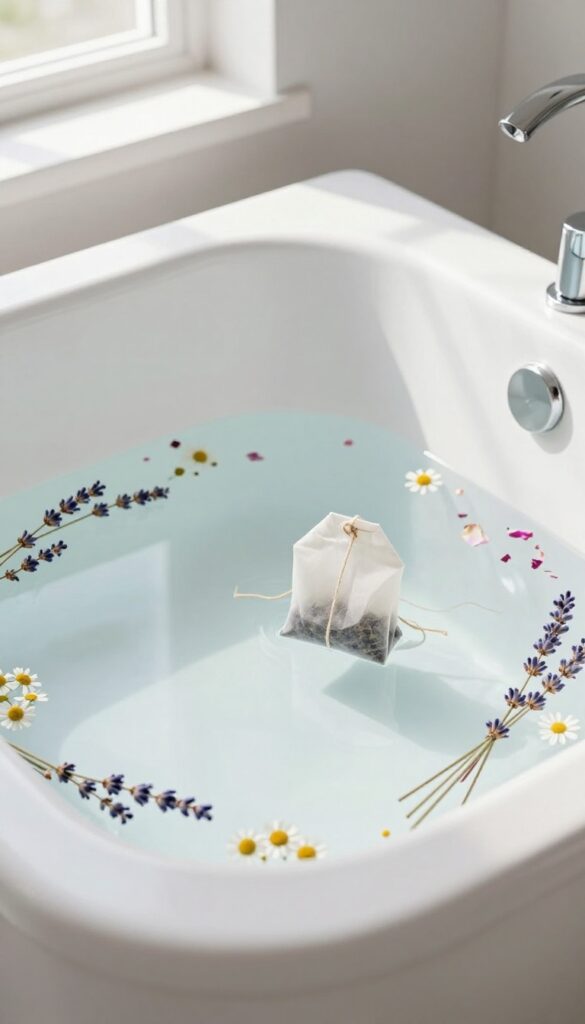 A muslin bath tea bag with dried botanicals on the edge of a bathtub, surrounded by lavender, chamomile, and rose petals.