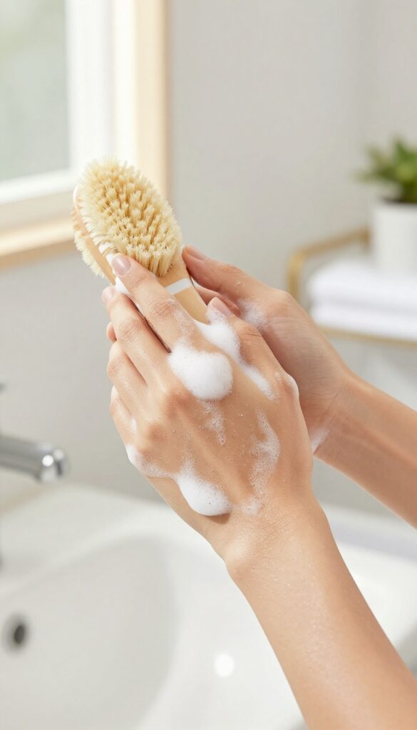 Woman exfoliating her arm with a brush in a bright bathroom, revealing glowing skin