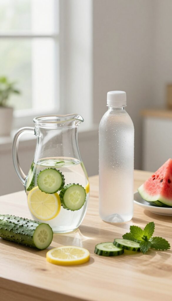 Infused water with cucumber, lemon, and mint, and a bowl of hydrating fruits on a table