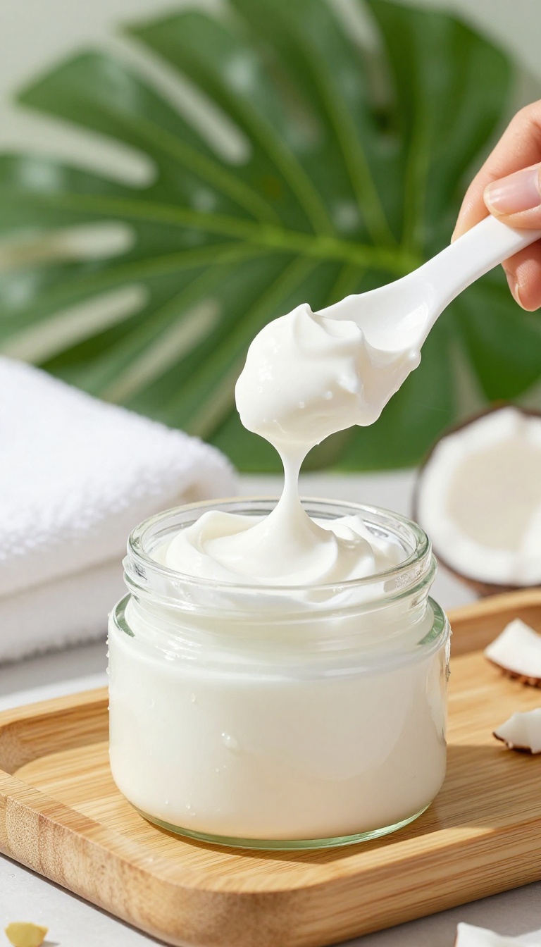 Hand scooping creamy coconut and shea butter shower butter from a jar in a bright bathroom.