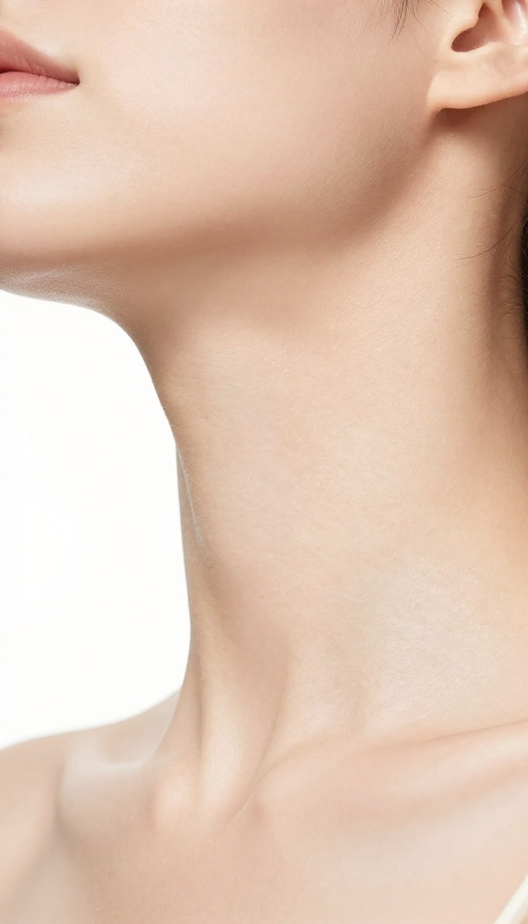 Woman applying moisturizer to her neck and chest, smooth glowing skin