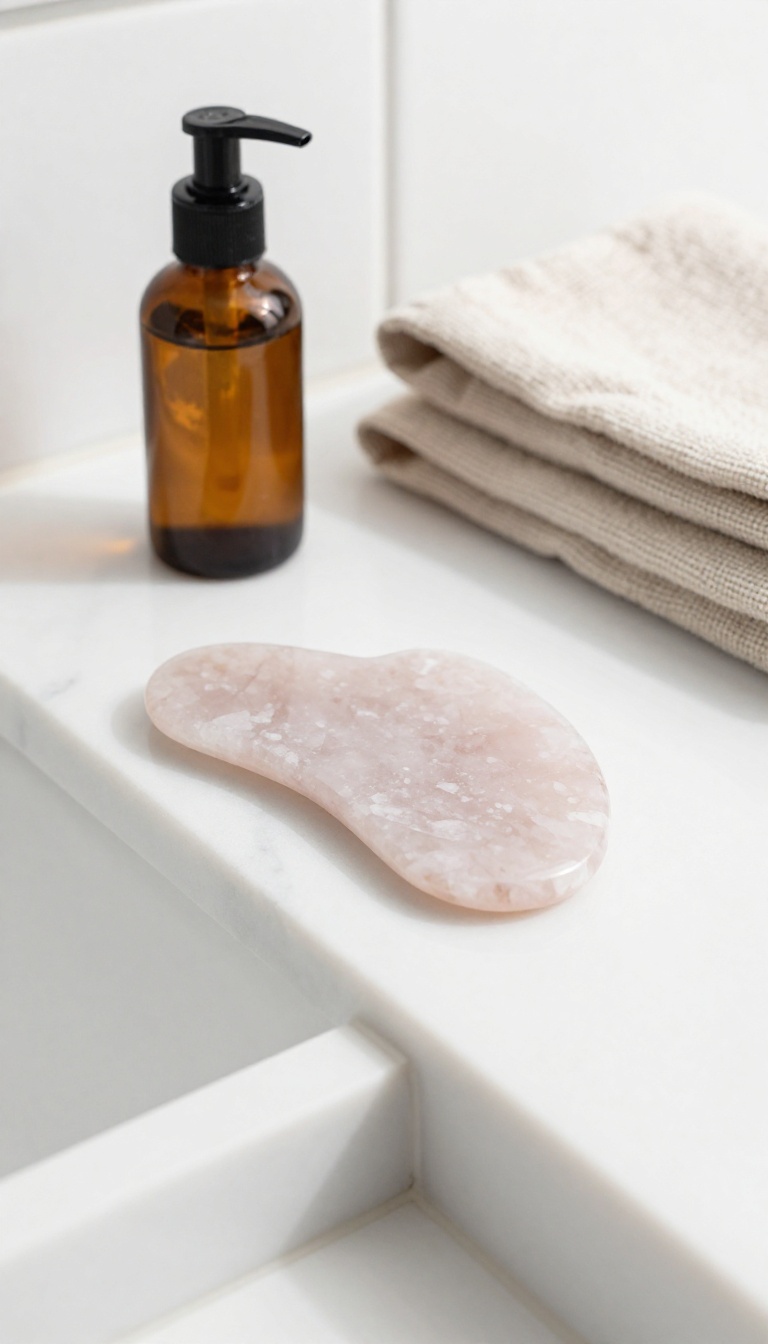Rose quartz body gua sha tool on a marble shelf with body oil and towel
