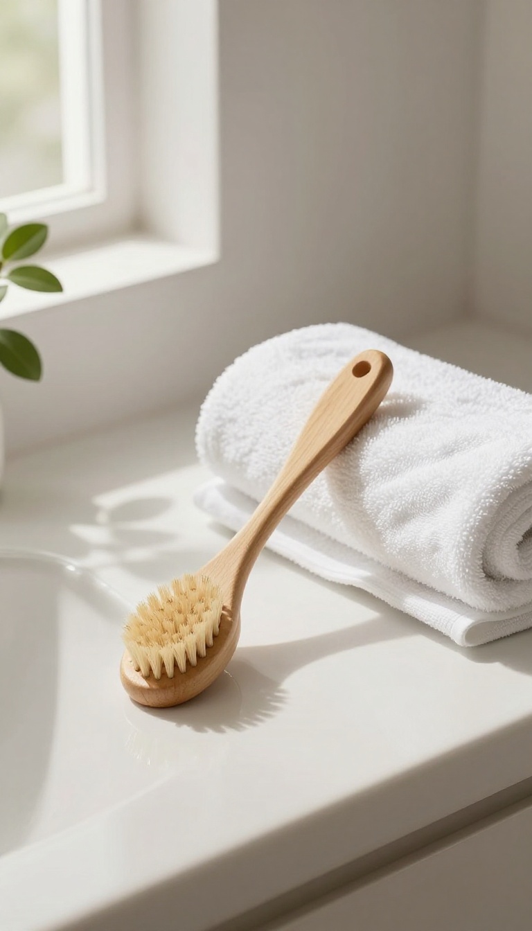 Dry brush on bathroom counter with towel and plant in natural light
