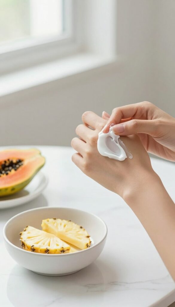 Woman applying enzyme mask to elbow with papaya and pineapple nearby