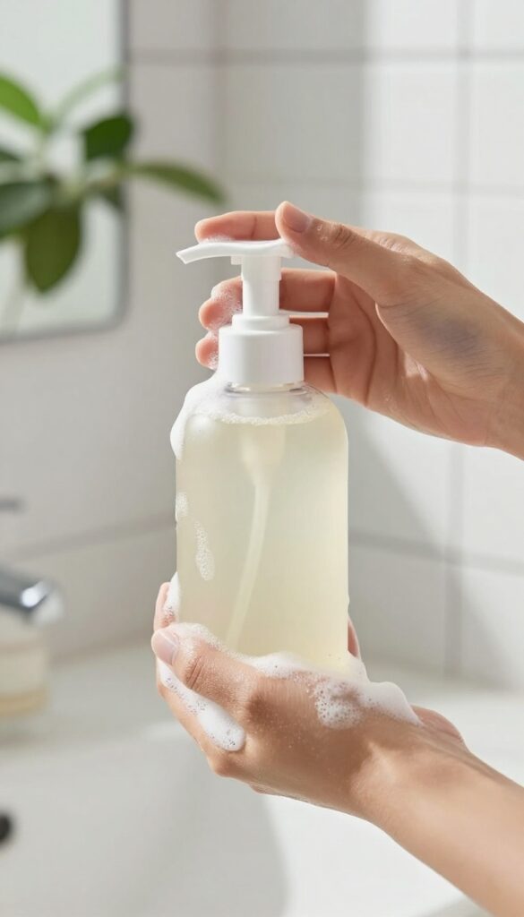 Hands squeezing a hydrating body wash from a pump bottle in a bright bathroom