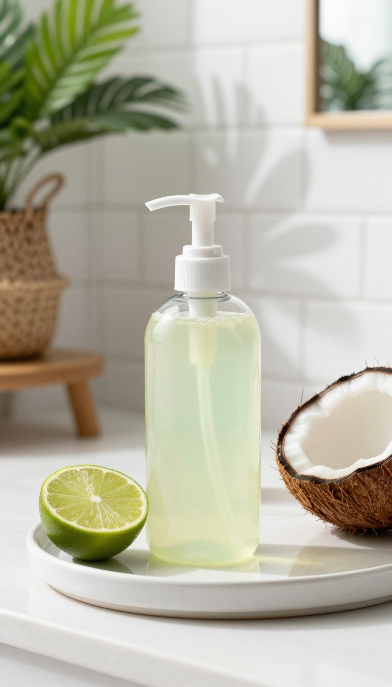 Coconut lime shower gel in a glass pump bottle on a tray with a lime and coconut, set in a bright bathroom with tropical plant.