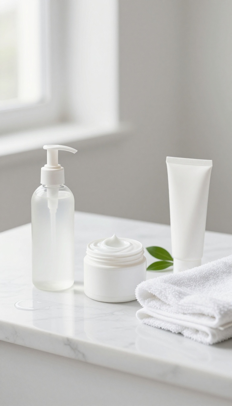A simple skincare routine flat lay with cleanser, toner, moisturizer, and sunscreen on a white marble surface