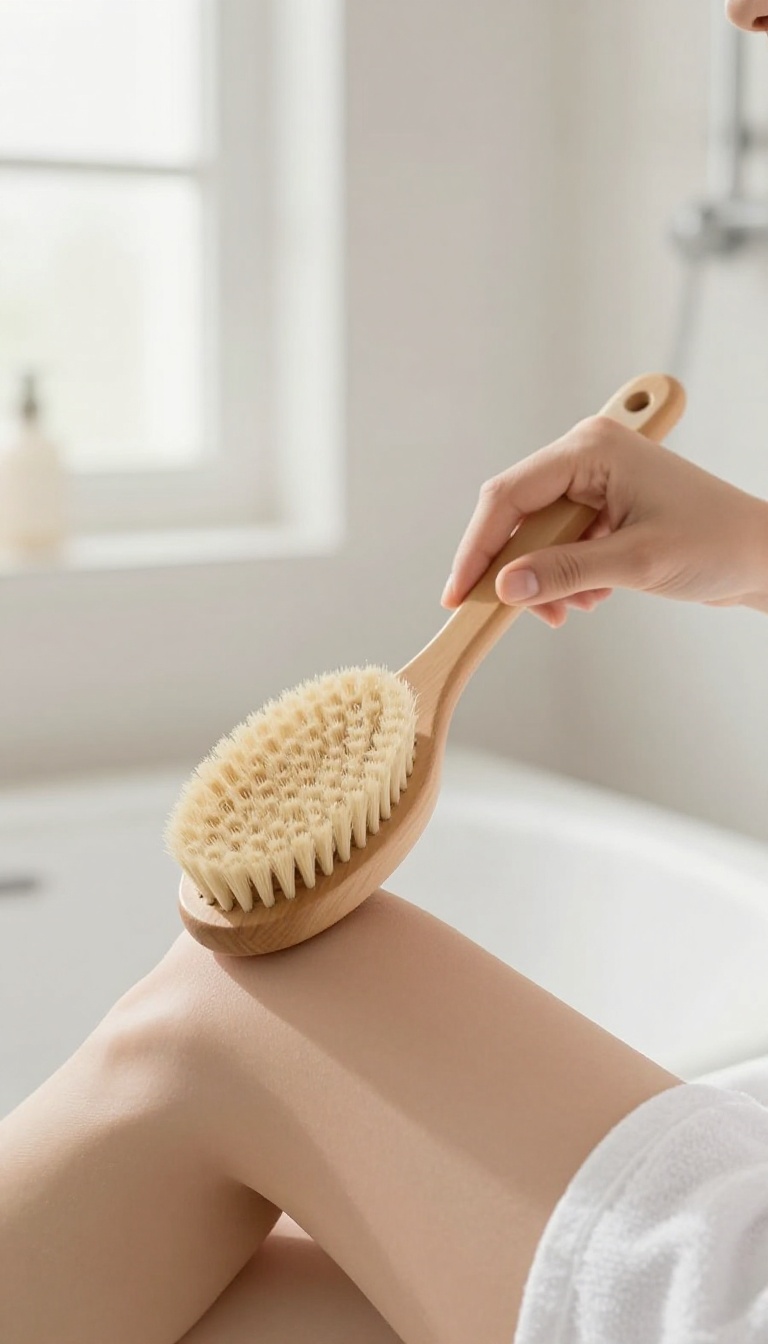 Woman dry brushing her arm with a natural-bristle body brush in a bright bathroom