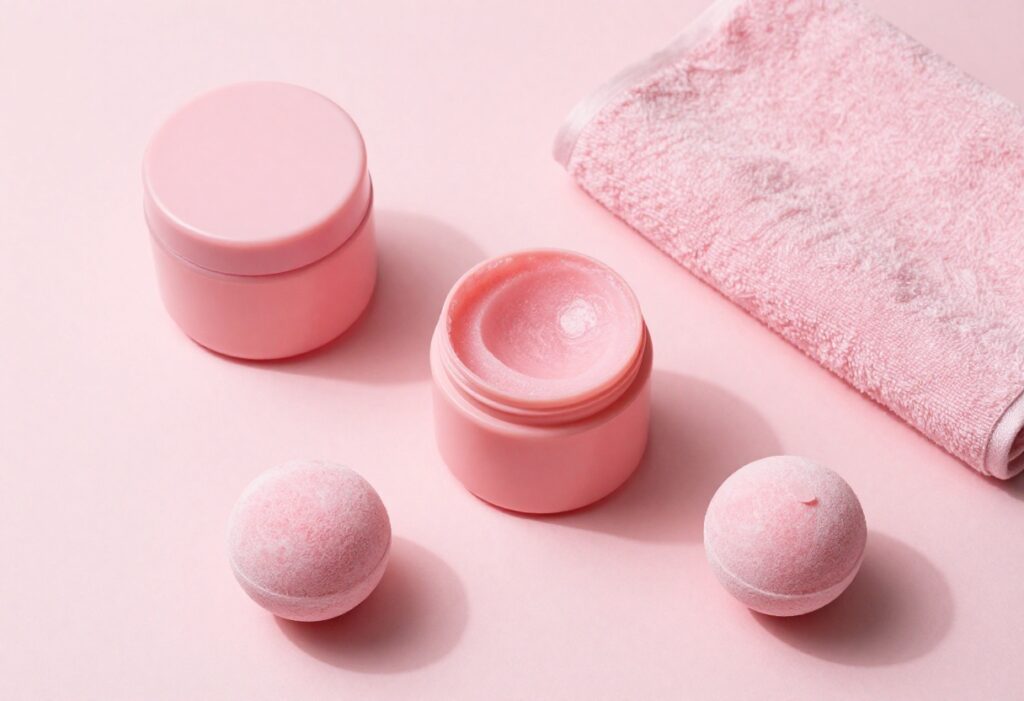 Pink body care products arranged on a pink background