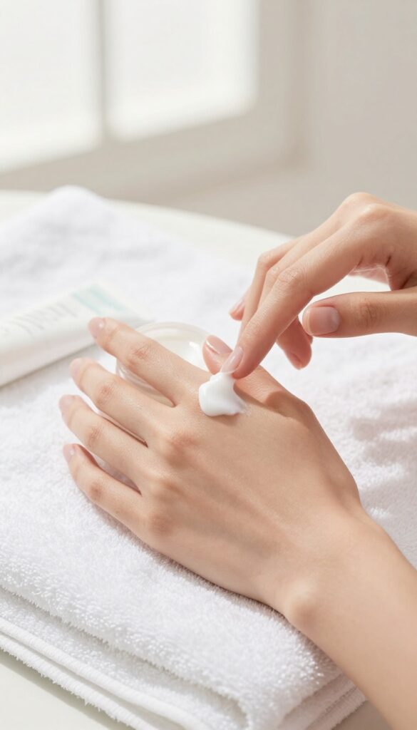 Hands applying luxurious hand cream in a bright bathroom