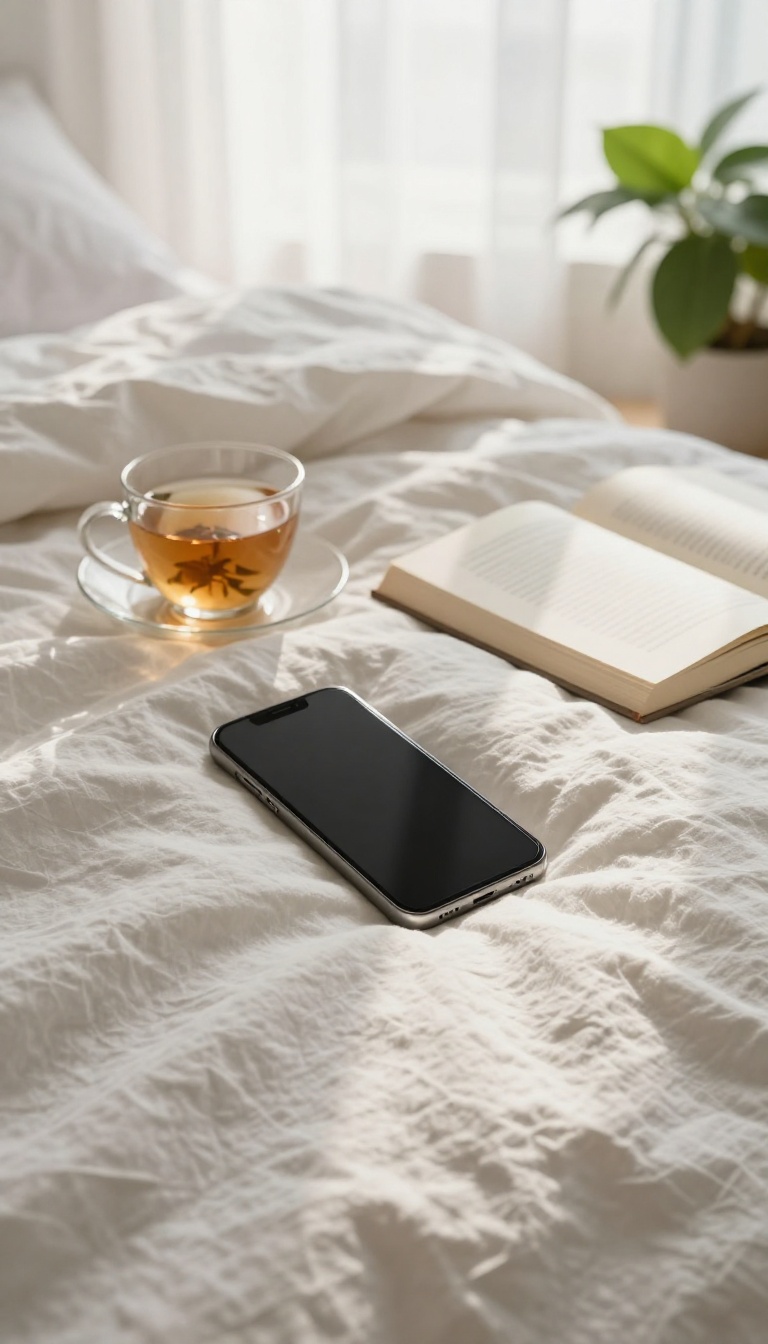 A smartphone face down on a bed with tea, a book, and a plant, symbolizing a digital detox and peaceful healing after a breakup.
