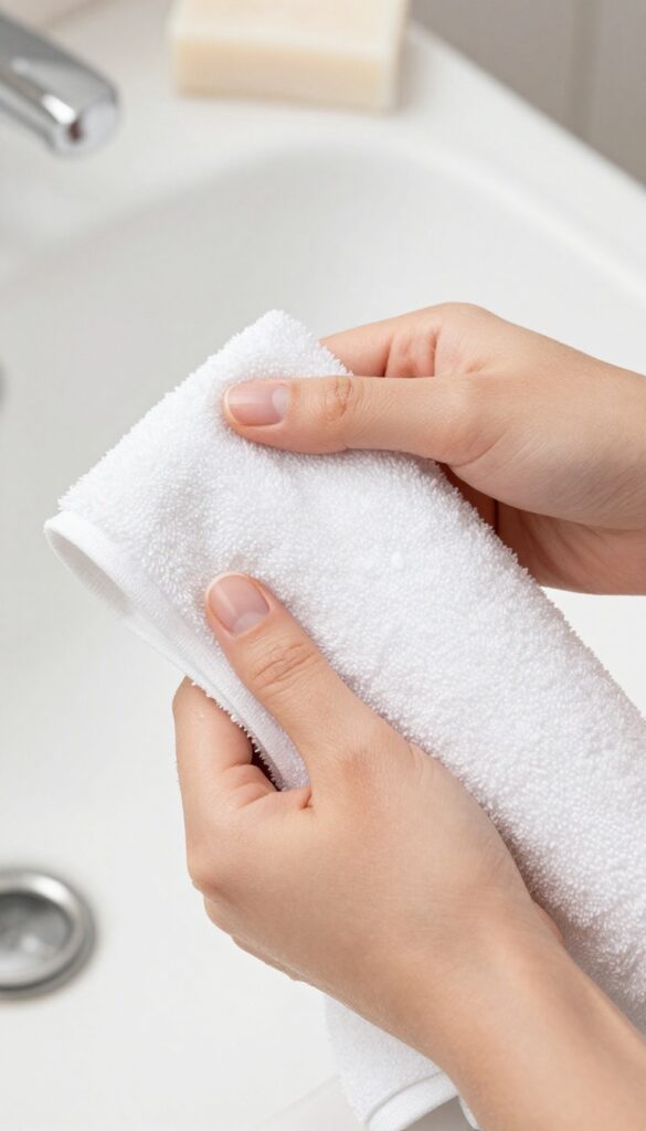 Woman's hands with clean, trimmed nails holding a towel in a bright bathroom