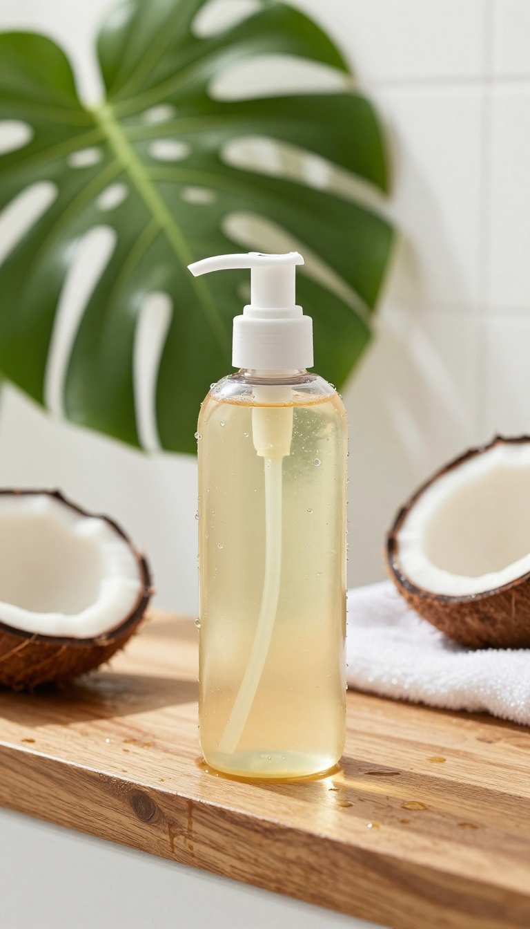 Coconut shower oil in a glass pump bottle on a wet wooden shelf in a bright bathroom with tropical plants