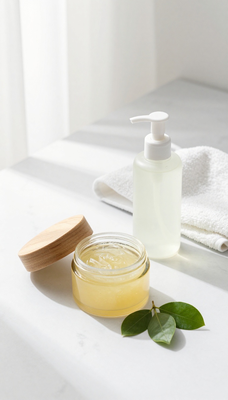 Skincare products for double cleansing on a white marble surface