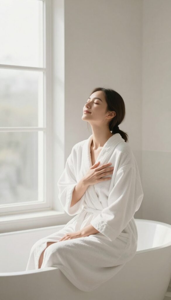 Woman practicing deep breathing to manage stress for clearer skin