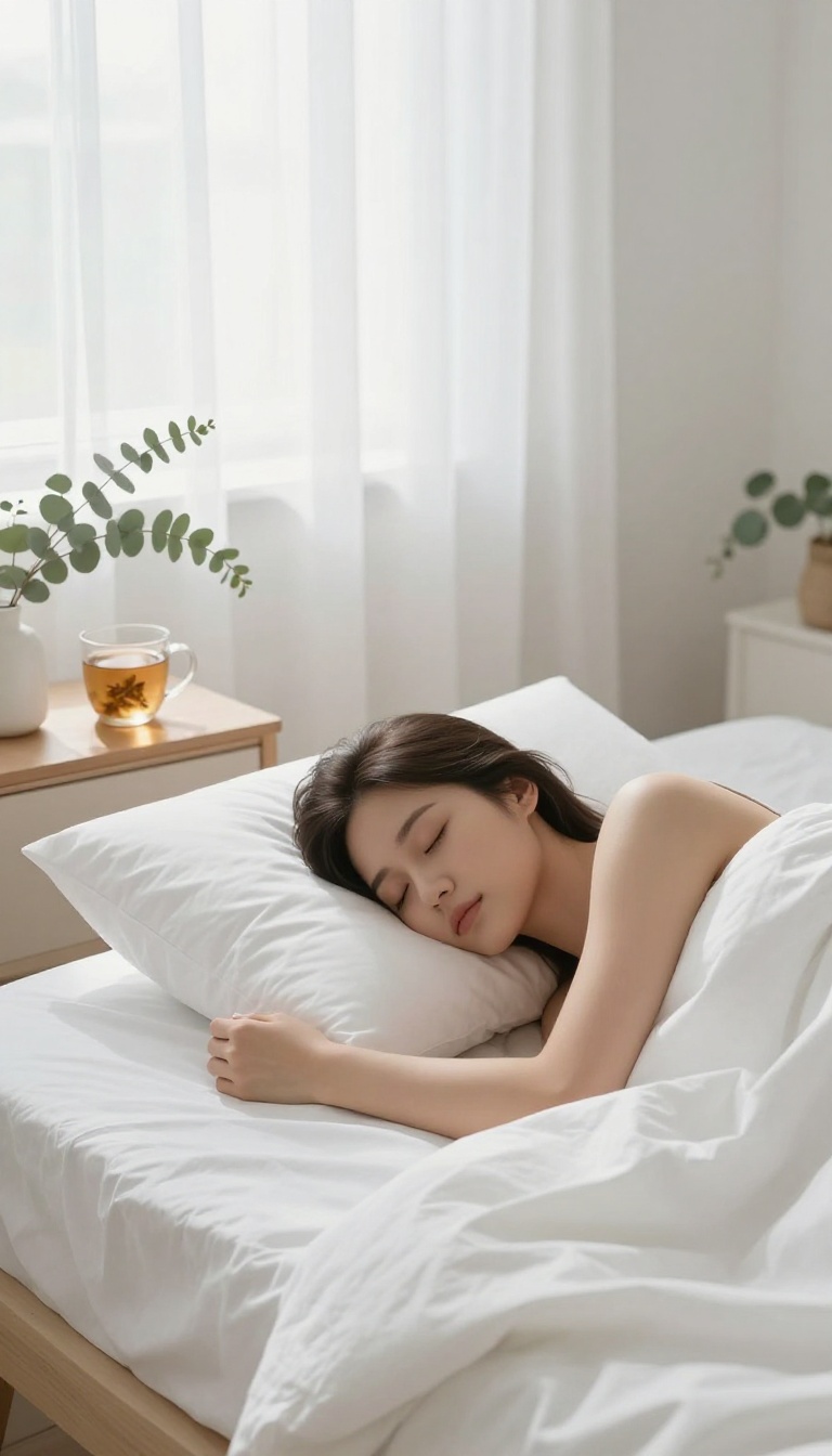 Woman sleeping peacefully in a bright, serene bedroom with soft morning light, symbolizing quality sleep for a glowing complexion
