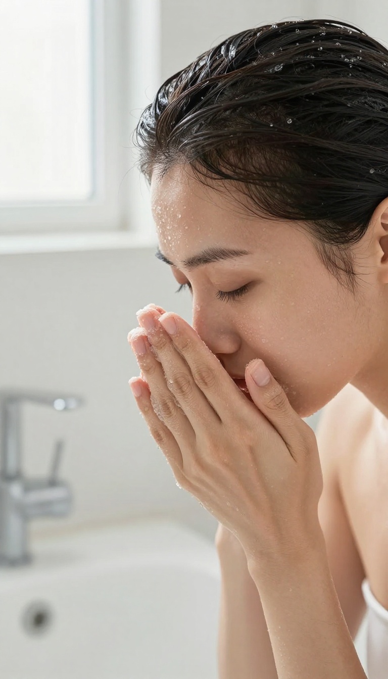 A person massaging a scalp scrub into their wet hair in a bright shower, close-up view.