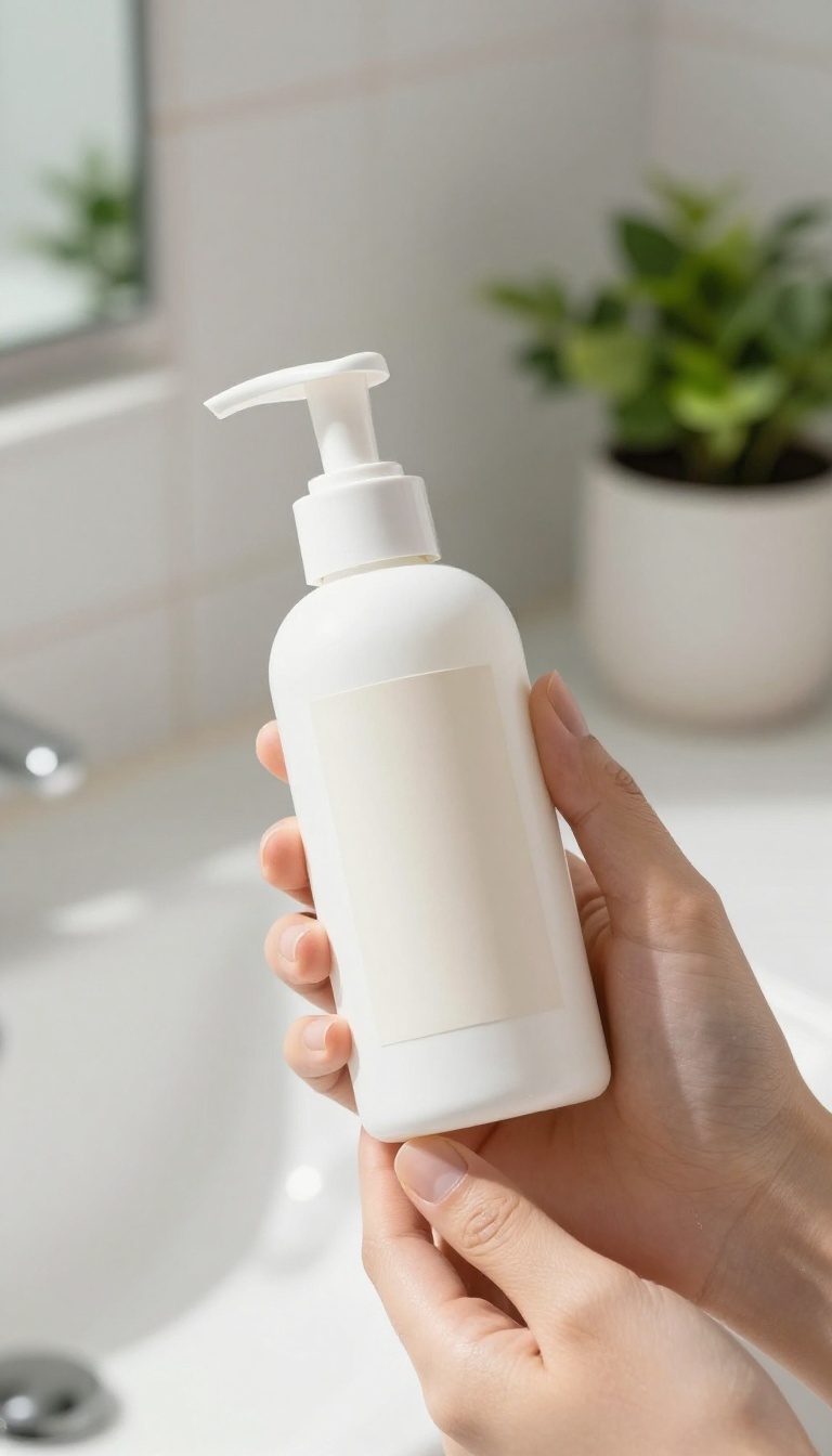 Hand holding a pH-balanced cleanser bottle in a bright bathroom