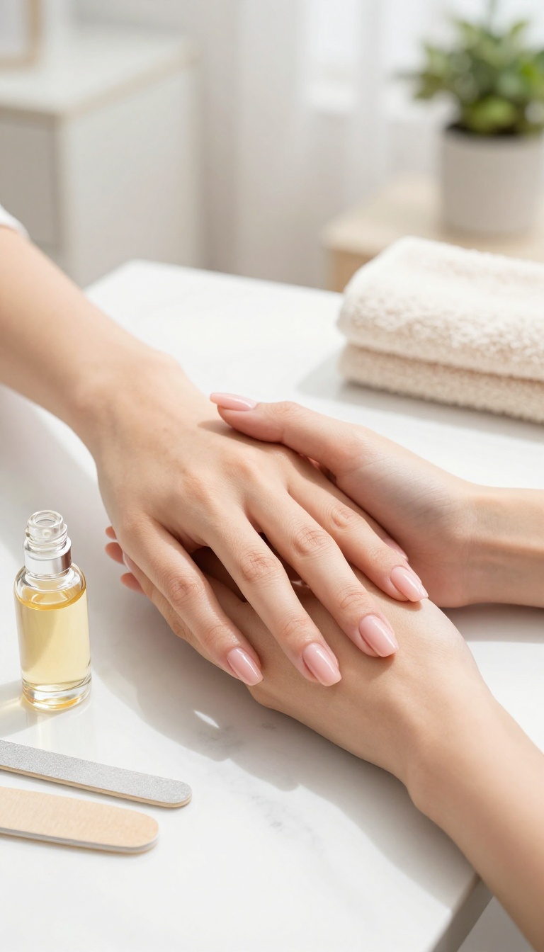 Woman's hands with fresh nude pink manicure on white marble surface with cuticle oil and nail file nearby, bright natural light