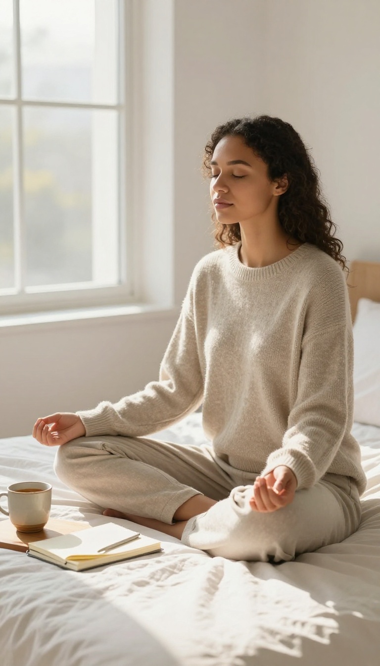 Woman meditating on bed in bright minimalist bedroom with natural light