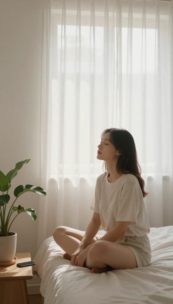 Person sitting on bed in morning light, phone on nightstand, practicing a mindful morning without screens