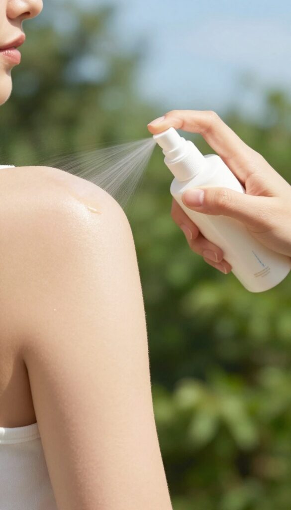 Woman applying sunscreen to her arm outdoors in bright sunlight