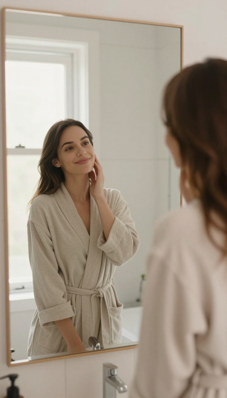 Woman practicing positive self-talk while looking in a mirror in a bright bathroom