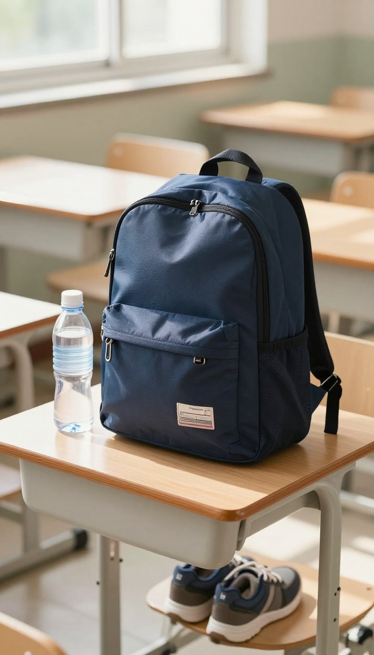 Backpack and sneakers on a school desk in a bright classroom, symbolizing movement and energy between classes.