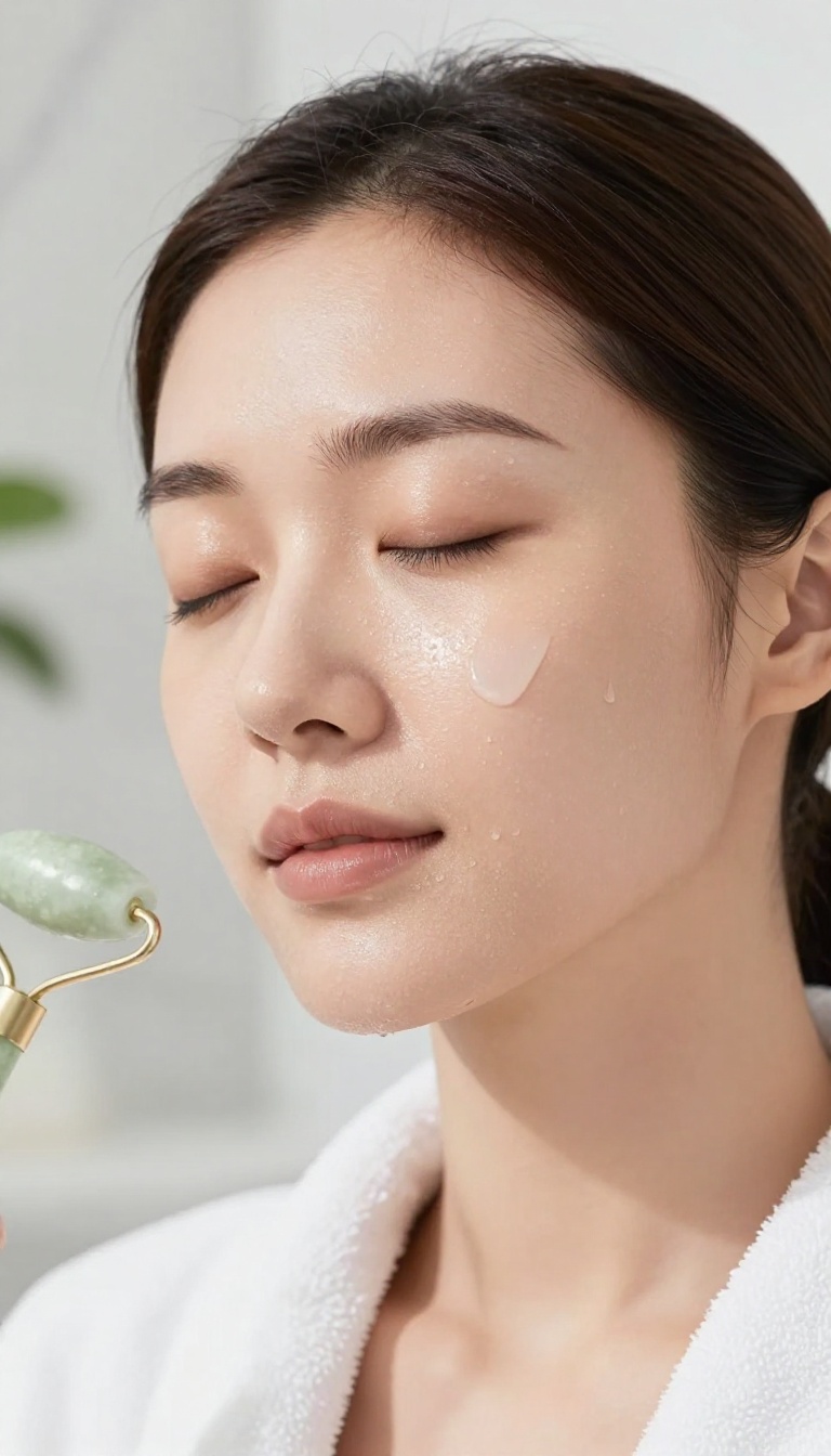 Woman using a chilled jade roller on her face for a de-puffing skincare routine